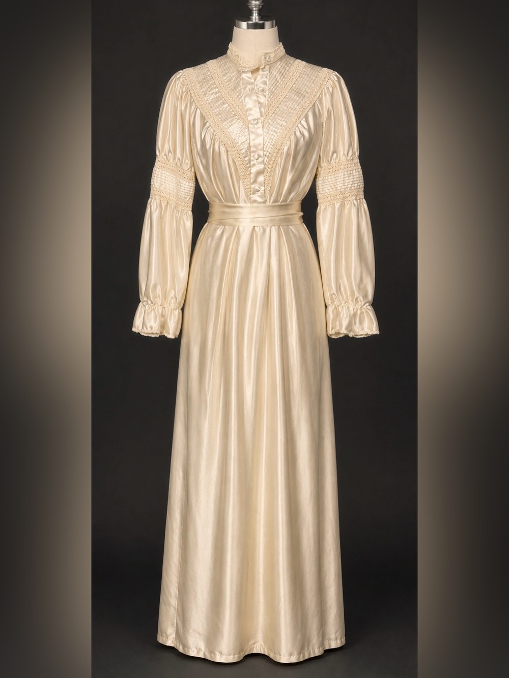 Vintage Cream Satin High-Neck Maxi Wedding Dress